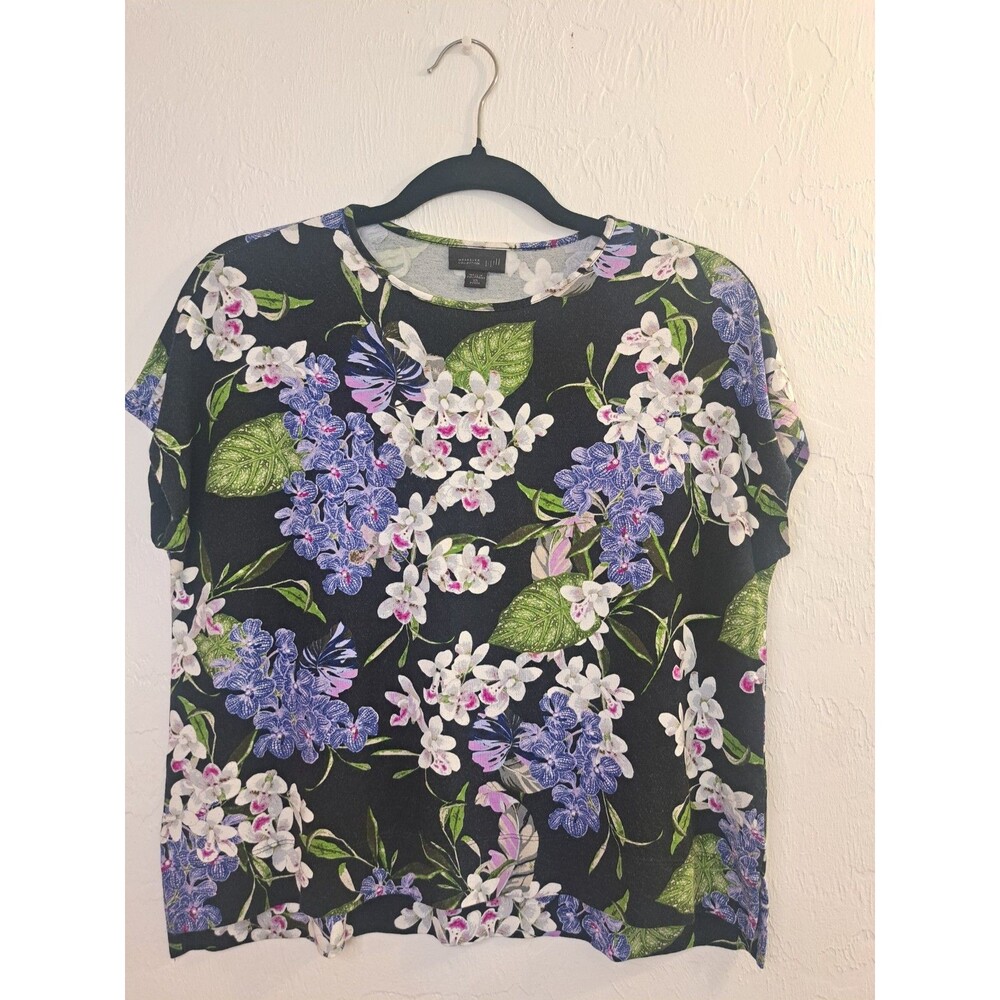 J. Jill Women's Floral Knit Short Sleeve T-Shirt Black Purple White Green Pet XS